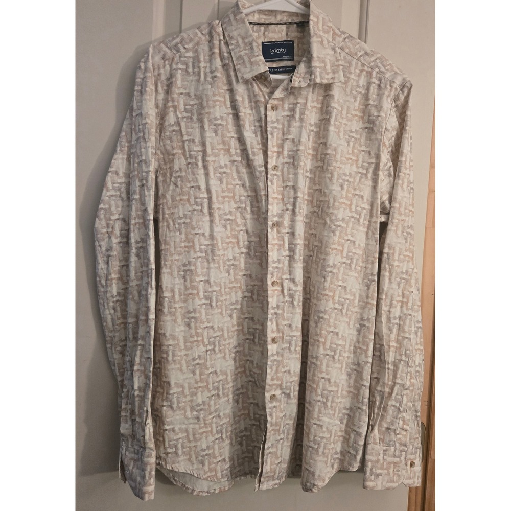 Krimty Men's Large Slim Fit Geometric Basketweave Button Down Shirt